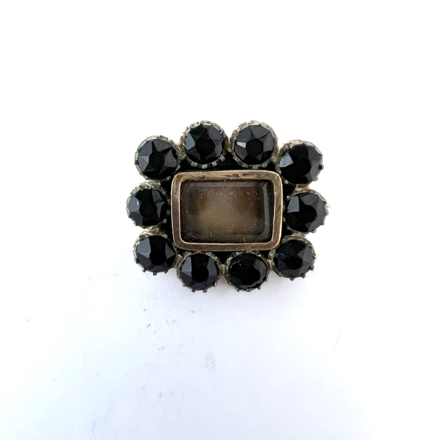Antique c 1830s Gilt Silver French Jet Mourning Brooch.