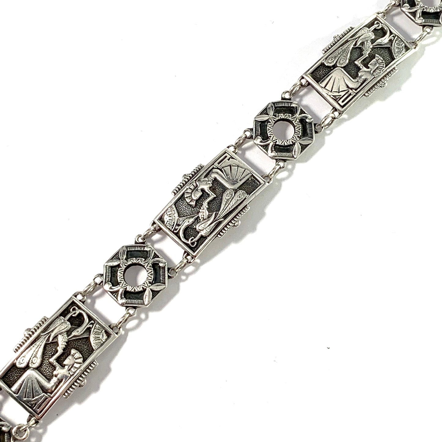 Matsilver, Sweden 1949 Mid Century Egyptian Revival Silver Link Bracelet.