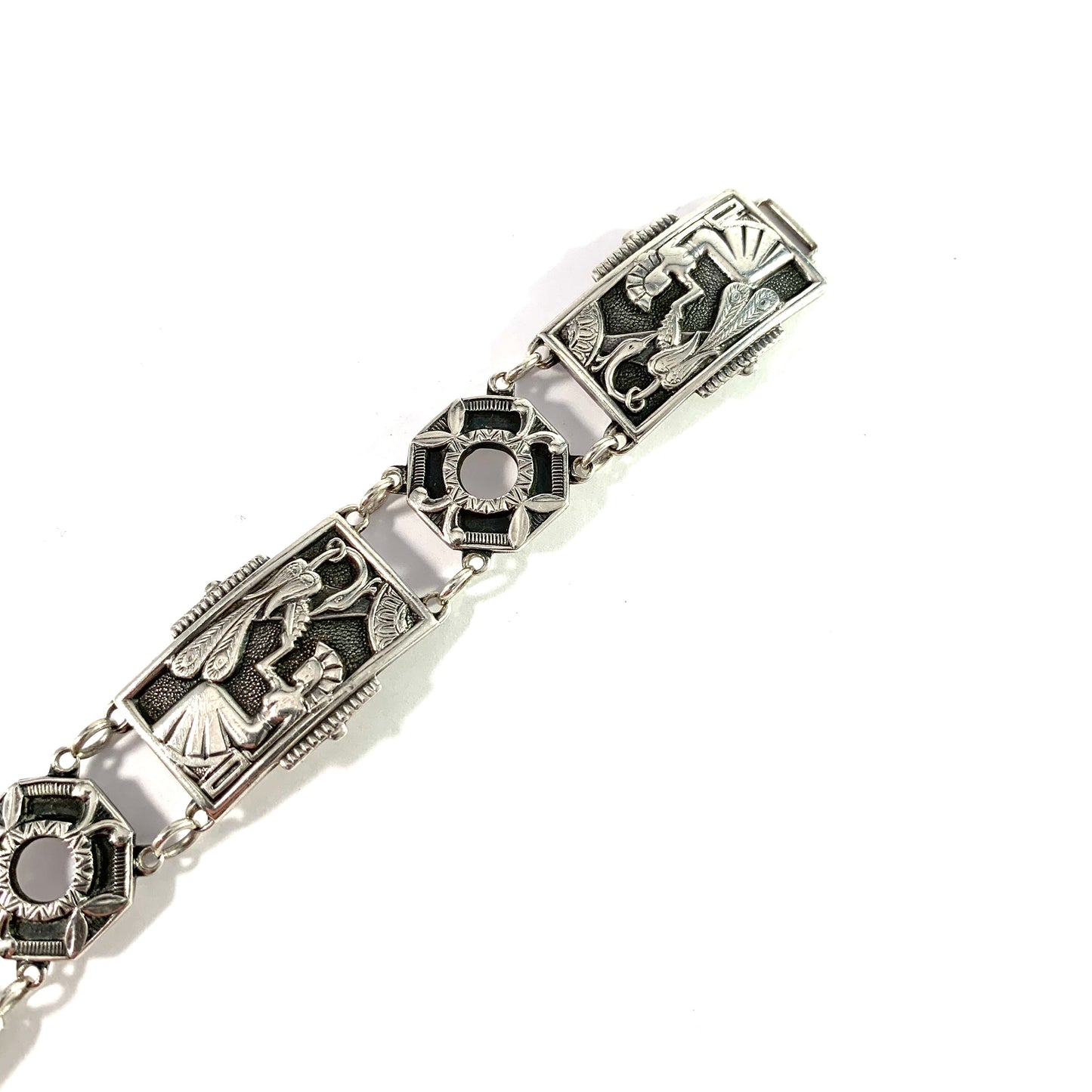 Matsilver, Sweden 1949 Mid Century Egyptian Revival Silver Link Bracelet.