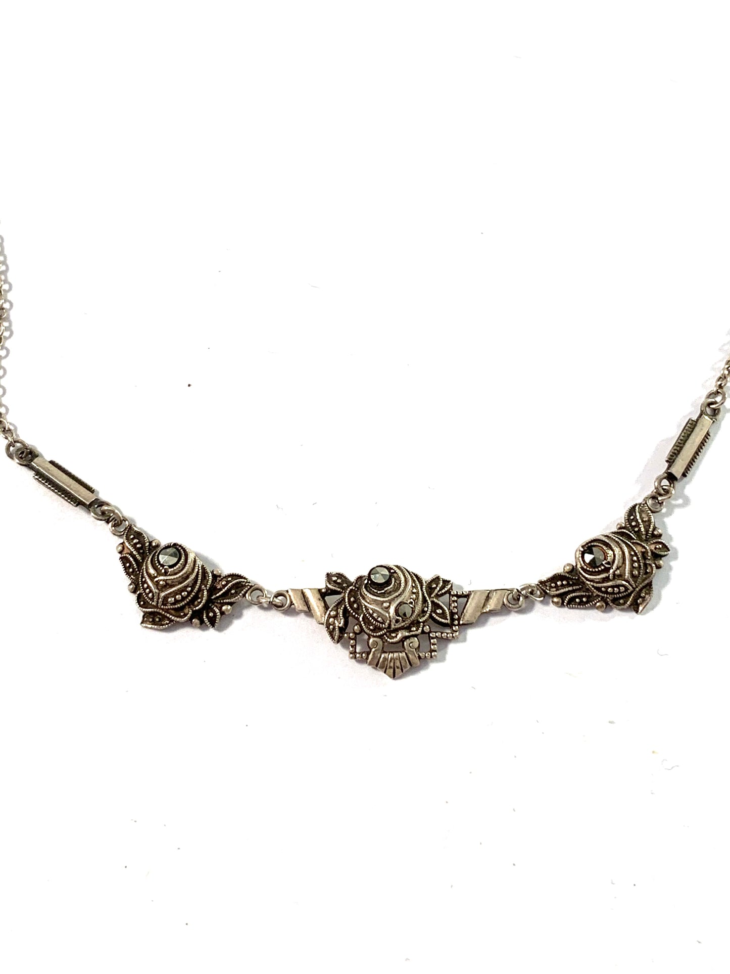 Hugo Grun, Sweden early 1900s Solid Silver Marcasite Flower Necklace.