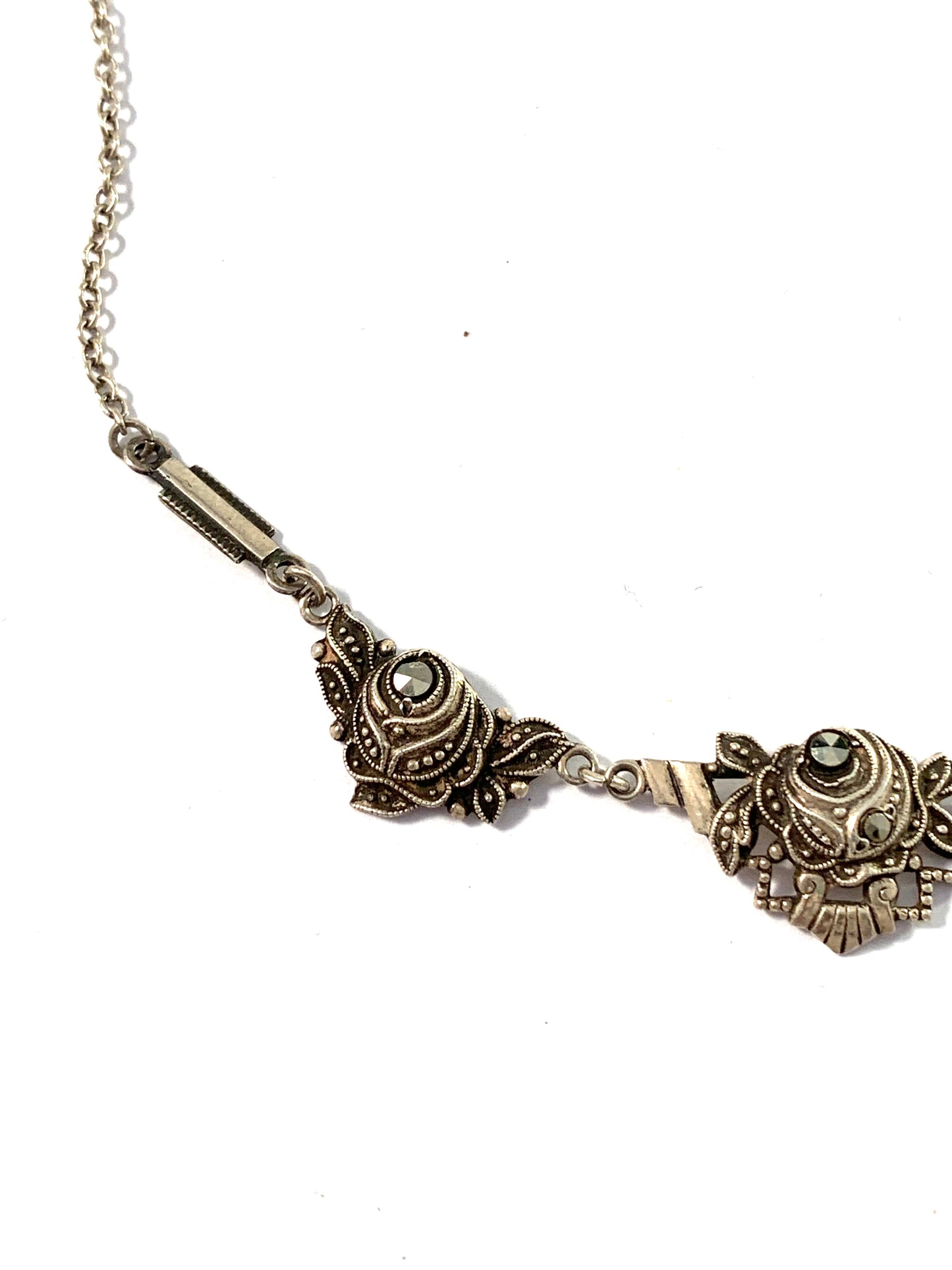 Hugo Grun, Sweden early 1900s Solid Silver Marcasite Flower Necklace.