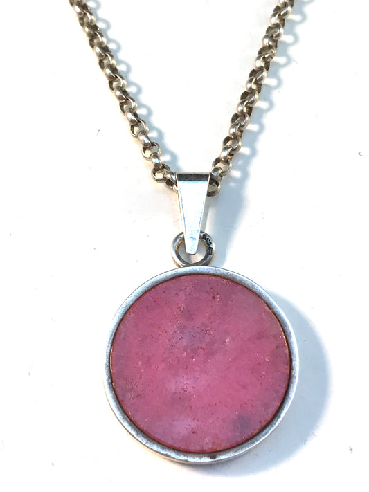 Bronsil, Sweden 1970s Solid 830 Silver Norwegian Thulite Pendant Necklace