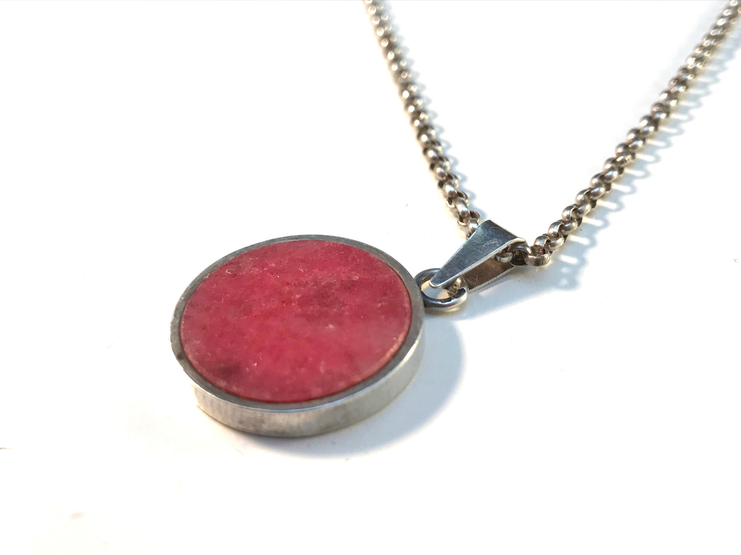 Bronsil, Sweden 1970s Solid 830 Silver Norwegian Thulite Pendant Necklace