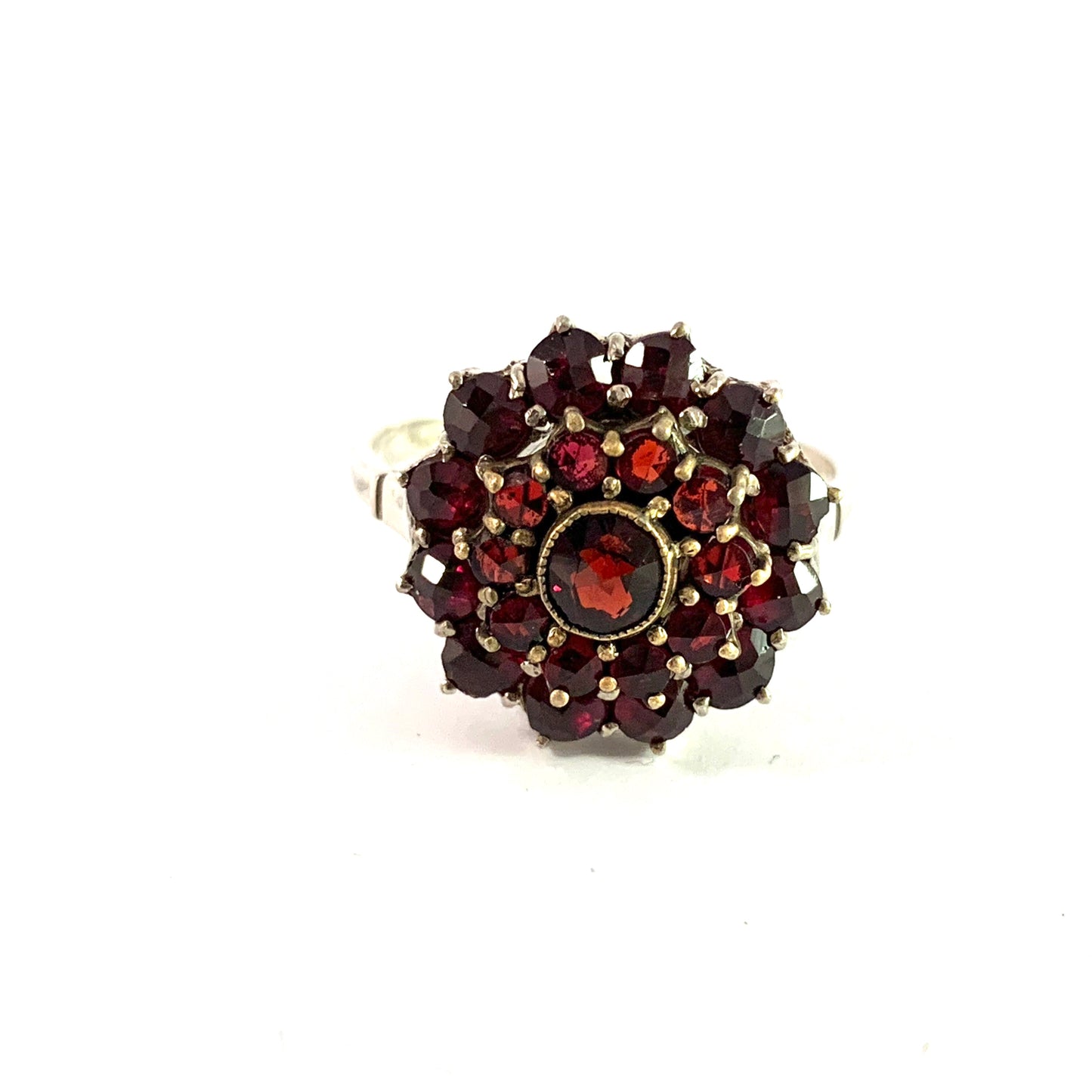 Vintage Mid Century Solid Silver Bohemian Garnet Cluster Ring.