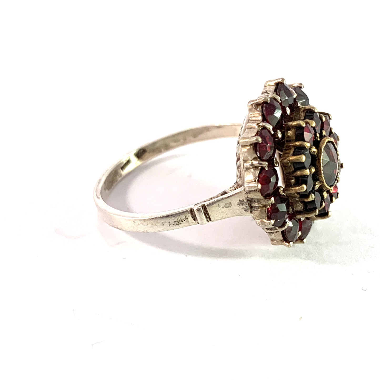 Vintage Mid Century Solid Silver Bohemian Garnet Cluster Ring.