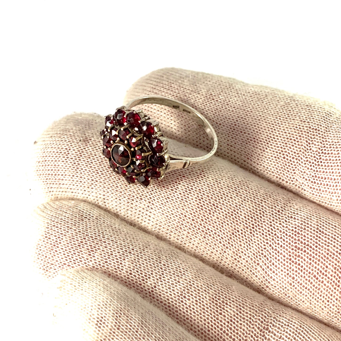 Vintage Mid Century Solid Silver Bohemian Garnet Cluster Ring.