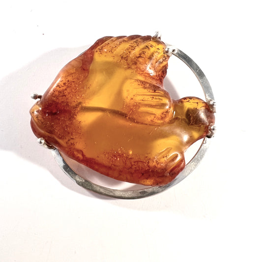 Gdansk, Poland. Vintage Sterling Silver Baltic Amber Fish Brooch.