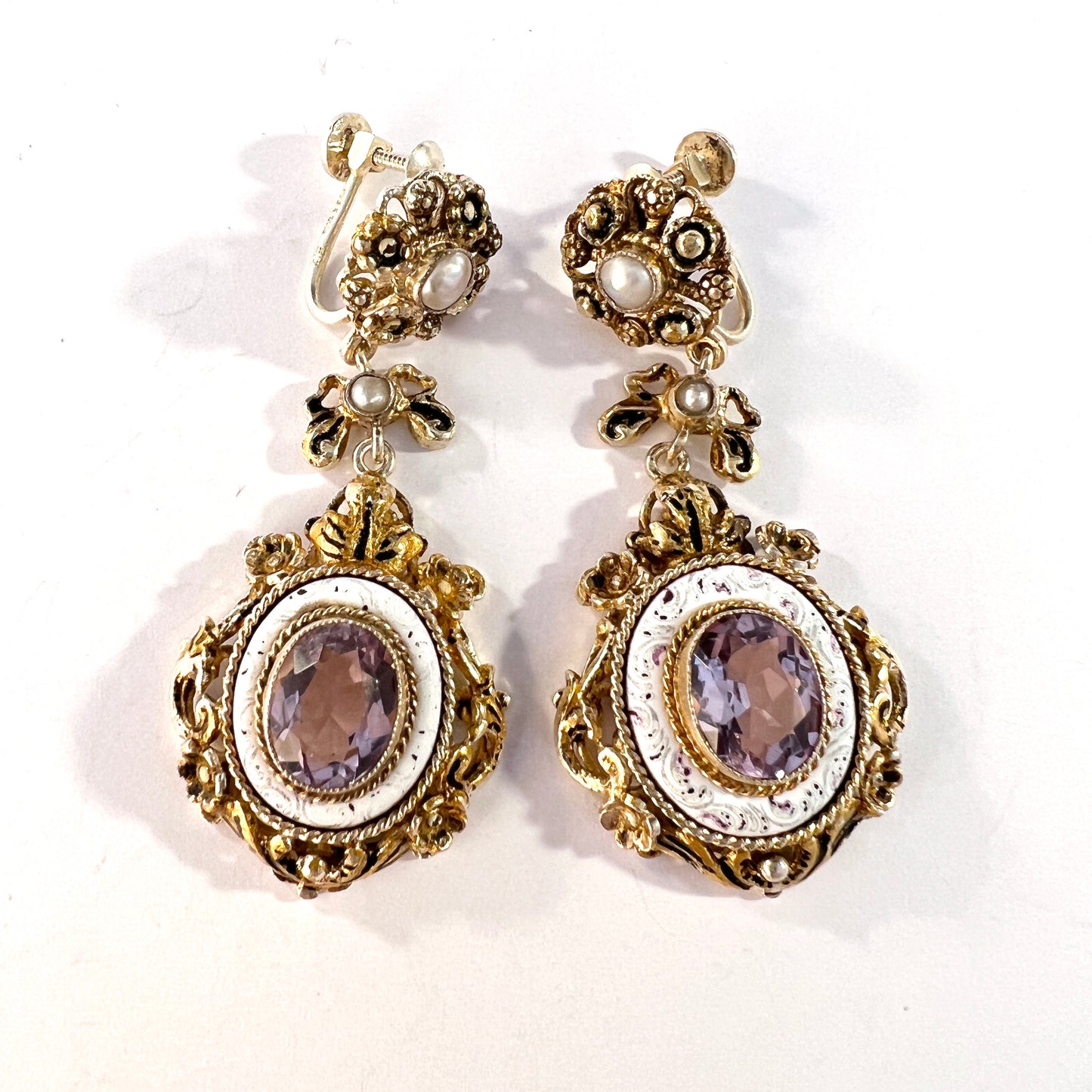 Austria / Hungary early 1900s Sterling Silver Enamel Amethyst Pearl Large Earrings.