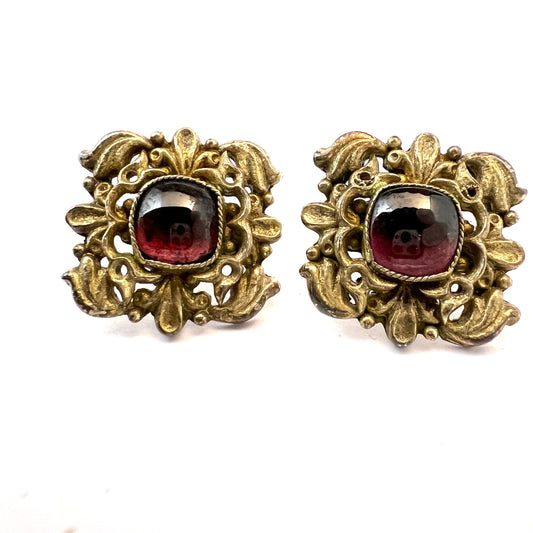 Continental Europe c 1930s. Gilt Sterling Silver Bohemian Garnet Earrings.