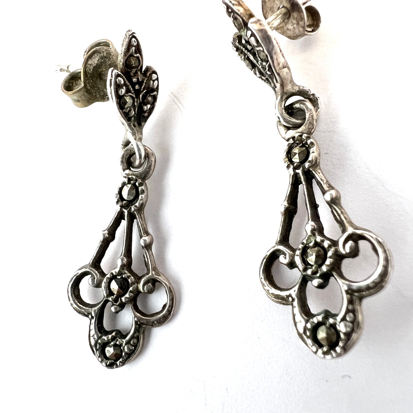Early 1900s. Solid Silver Marcasite Earrings.
