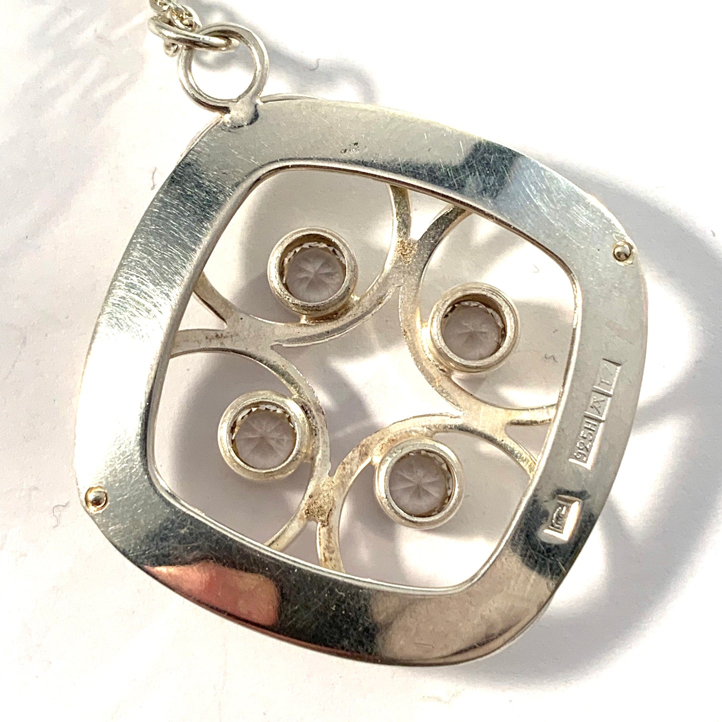 Salovaara, Finland 1972 Modernist Sterling Silver Rock Crystal Pendant Necklace.