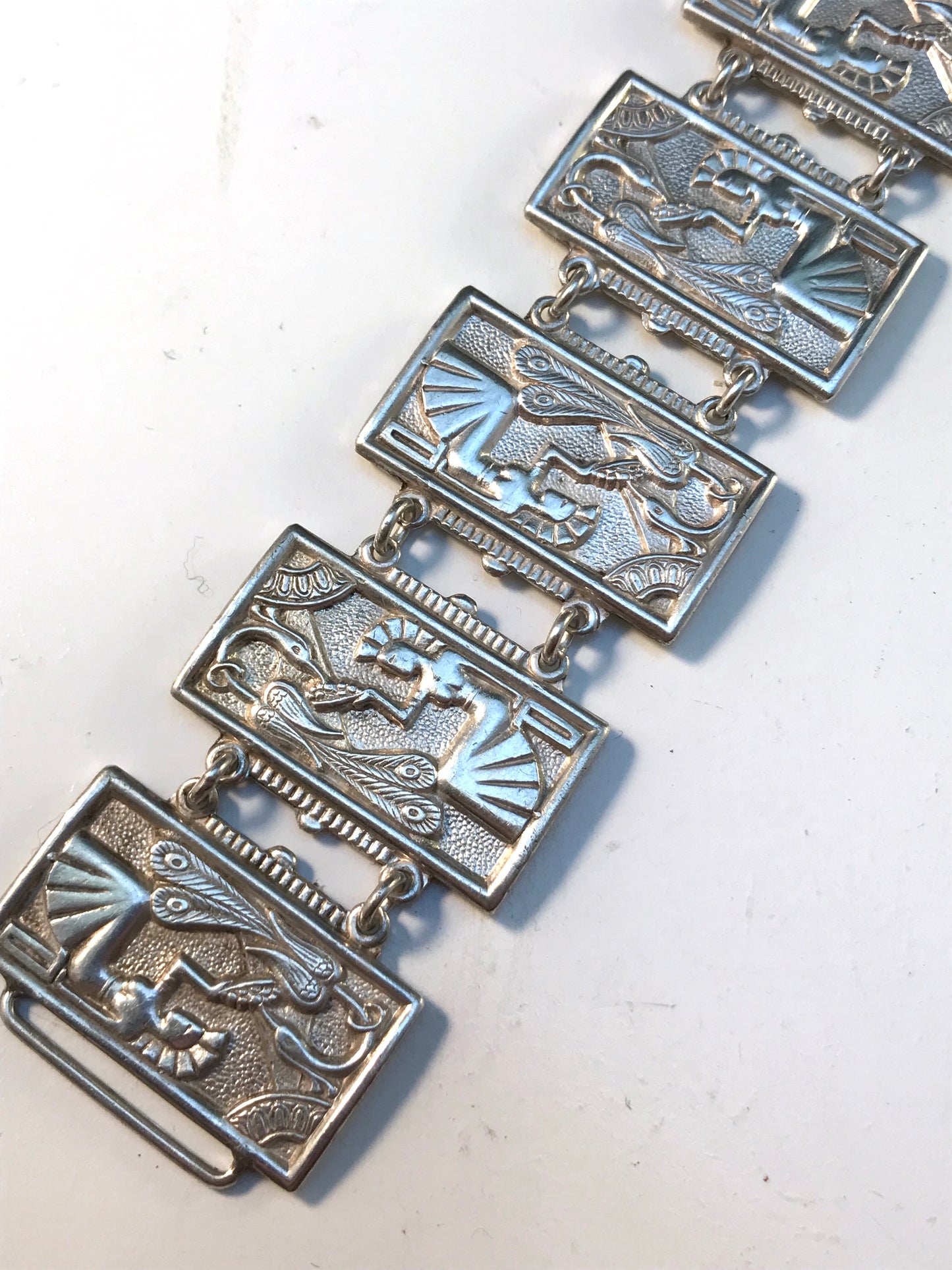 Matsilver, Sweden year 1951 Mid Century Egyptian Revival Sterling Silver Panel Bracelet. Excellent.