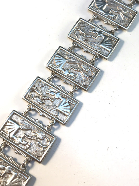 Mid Century Egyptian Revival Sterling Silver Panel Bracelet.