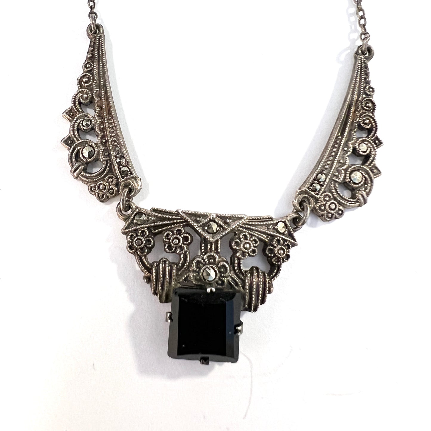 Sweden. Vintage Art Deco Solid Silver Marcasite Onyx Necklace.
