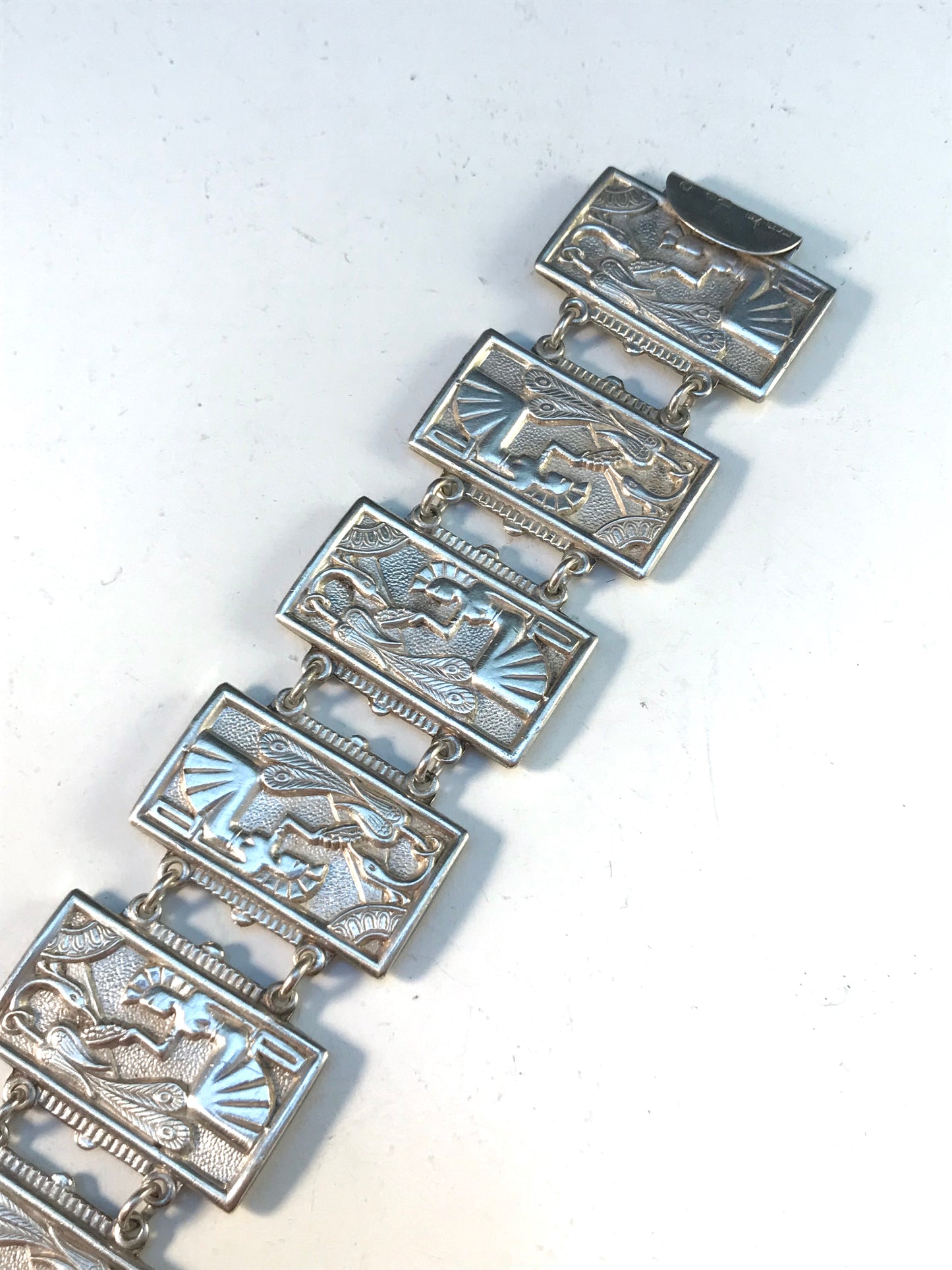 Matsilver, Sweden year 1951 Mid Century Egyptian Revival Sterling Silver Panel Bracelet. Excellent.