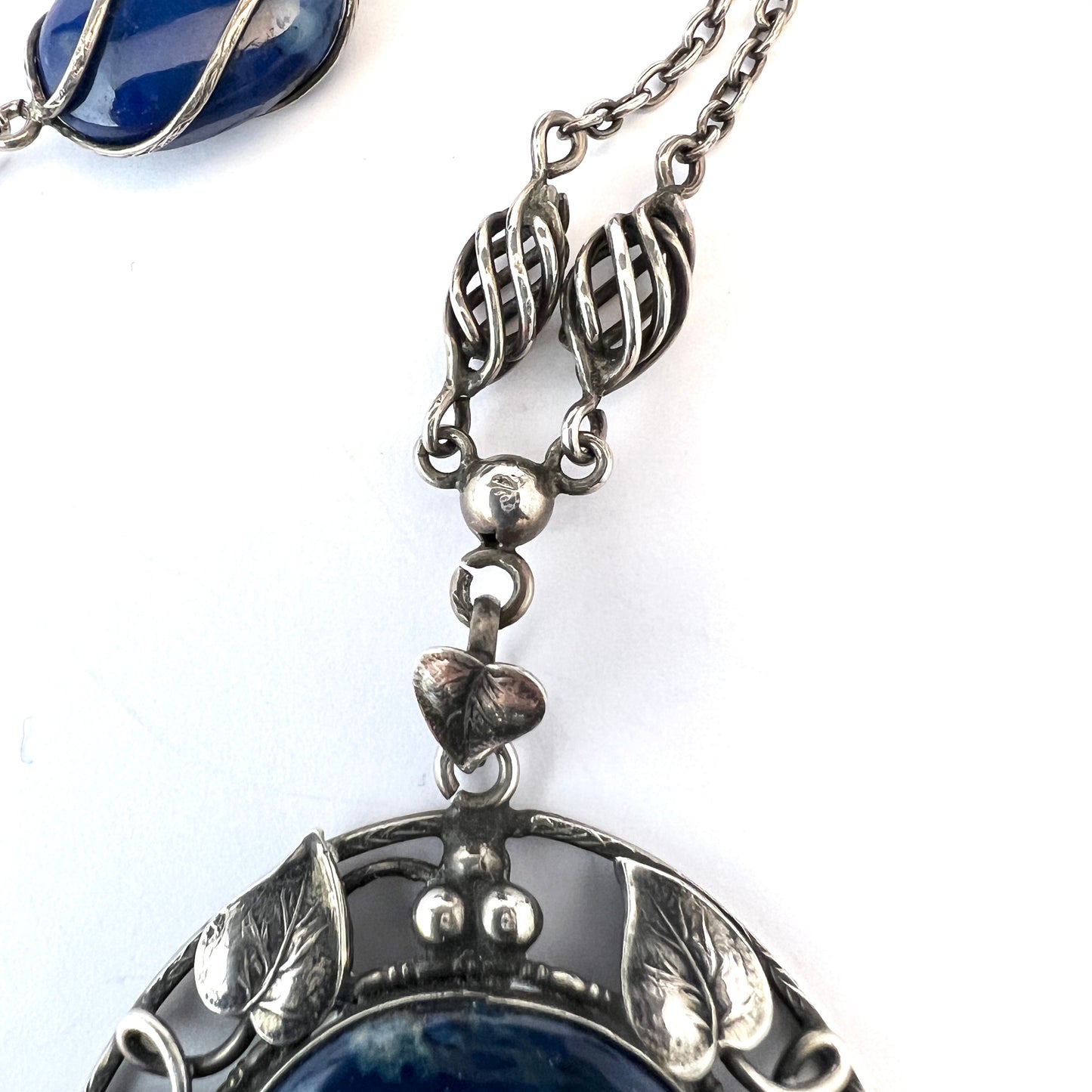 Antique Arts & Crafts Sterling Silver Swiss Lapis Necklace.