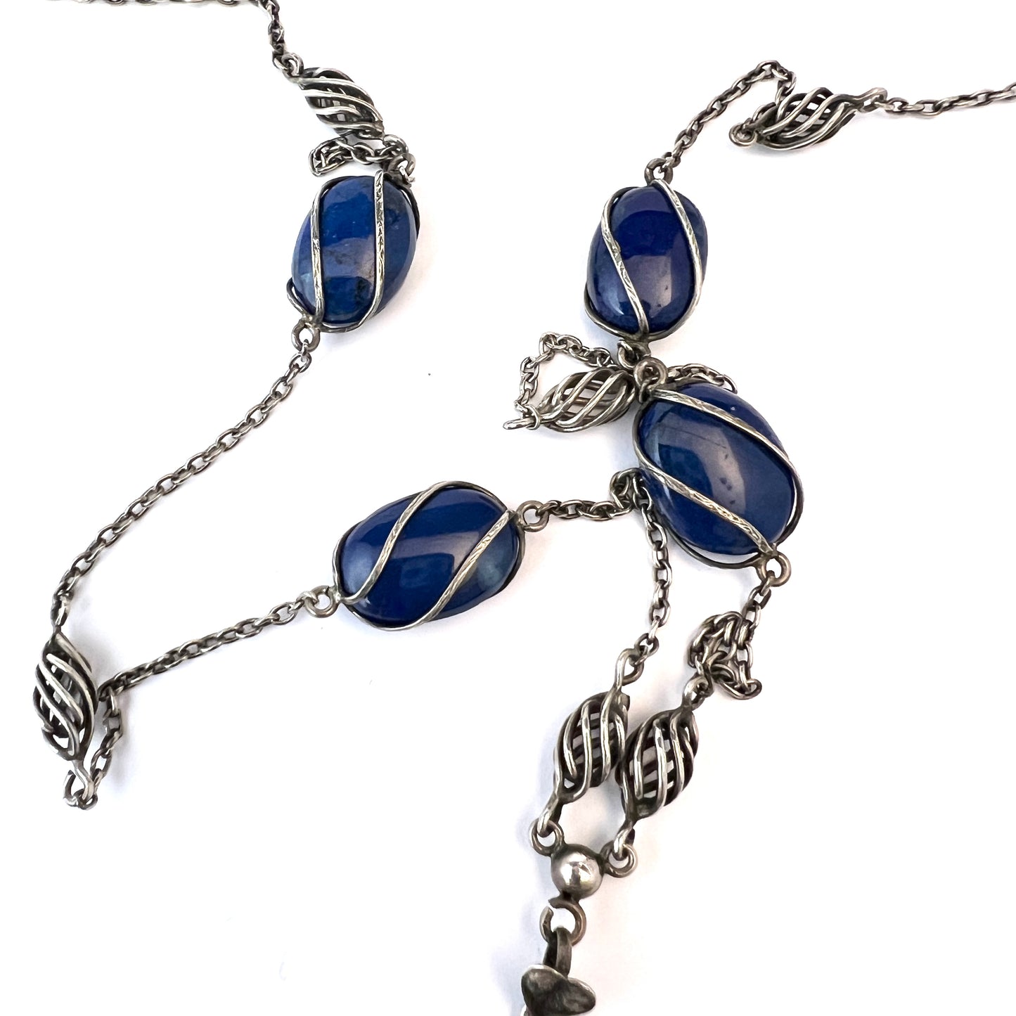 Antique Arts & Crafts Sterling Silver Swiss Lapis Necklace.