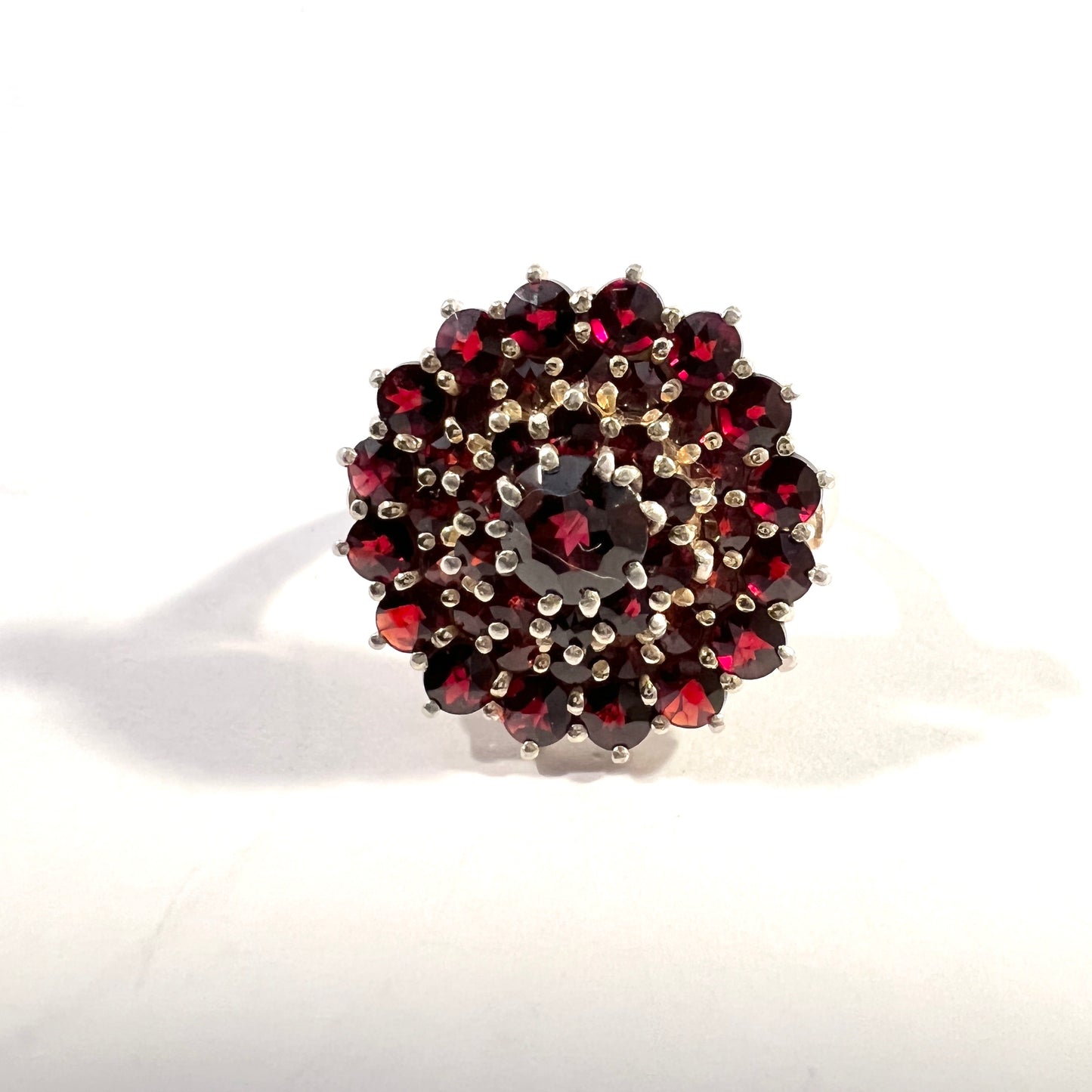 Vintage Mid Century Solid 830 Silver Garnet Cluster Ring.