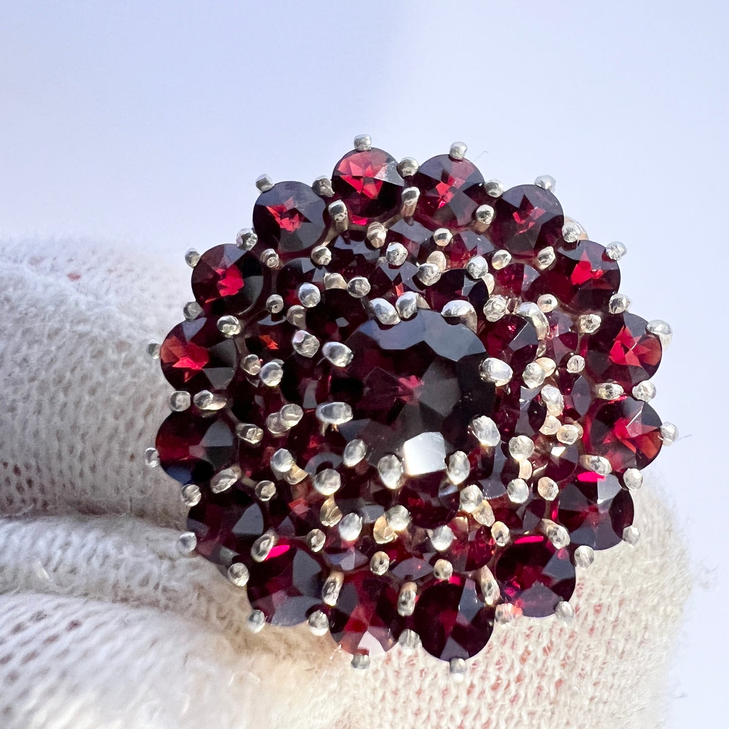 Vintage Mid Century Solid 830 Silver Garnet Cluster Ring.