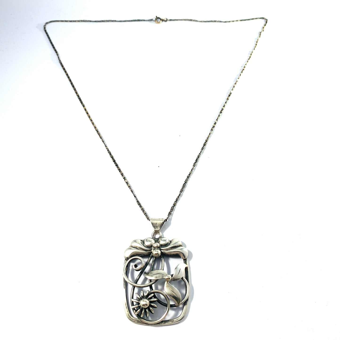 Stockholm, Sweden 1946. Mid Century Solid Silver Floral Pendant Necklace