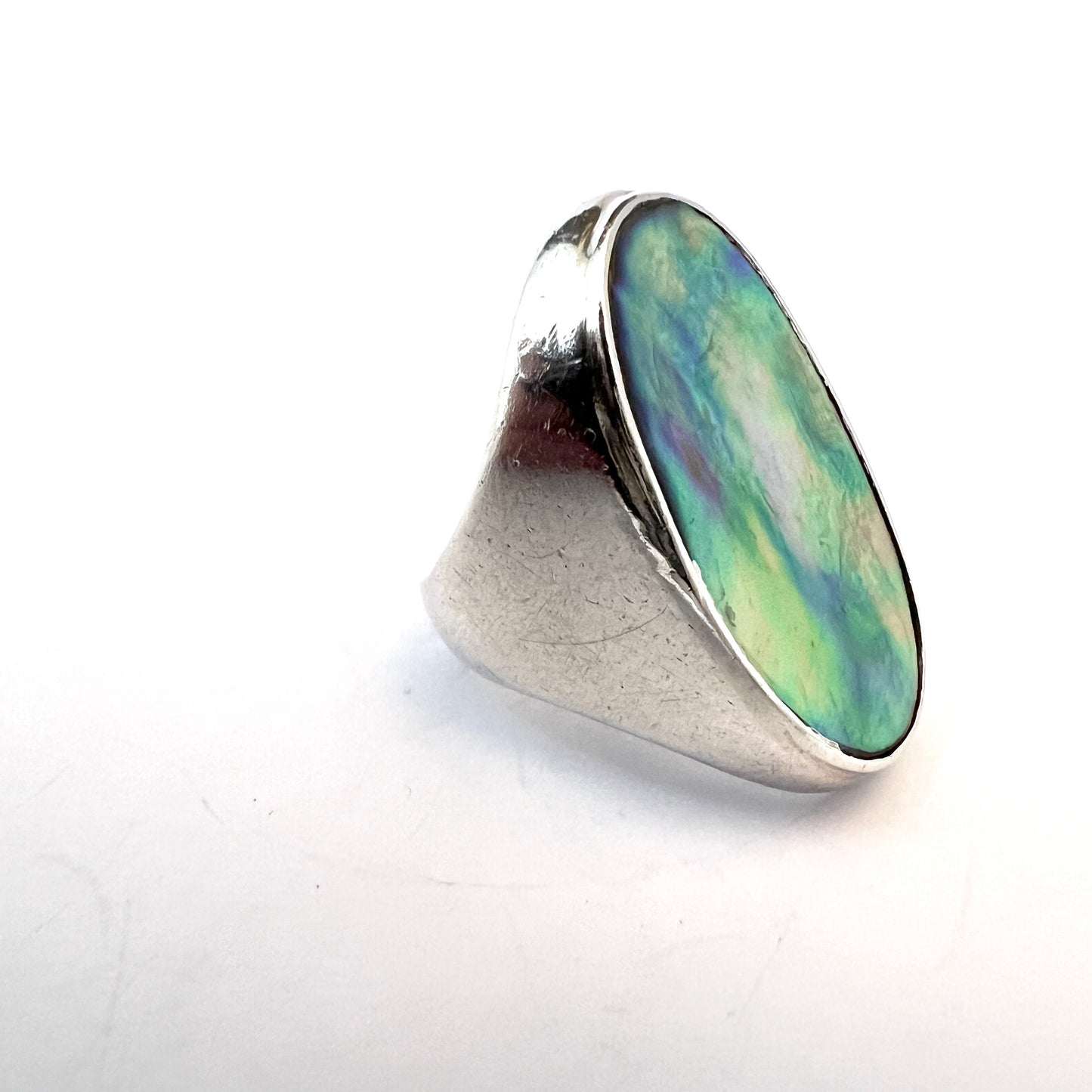 Palle Bisgaard, Denmark 1960s Vintage Bold Sterling Silver Abalone Ring.