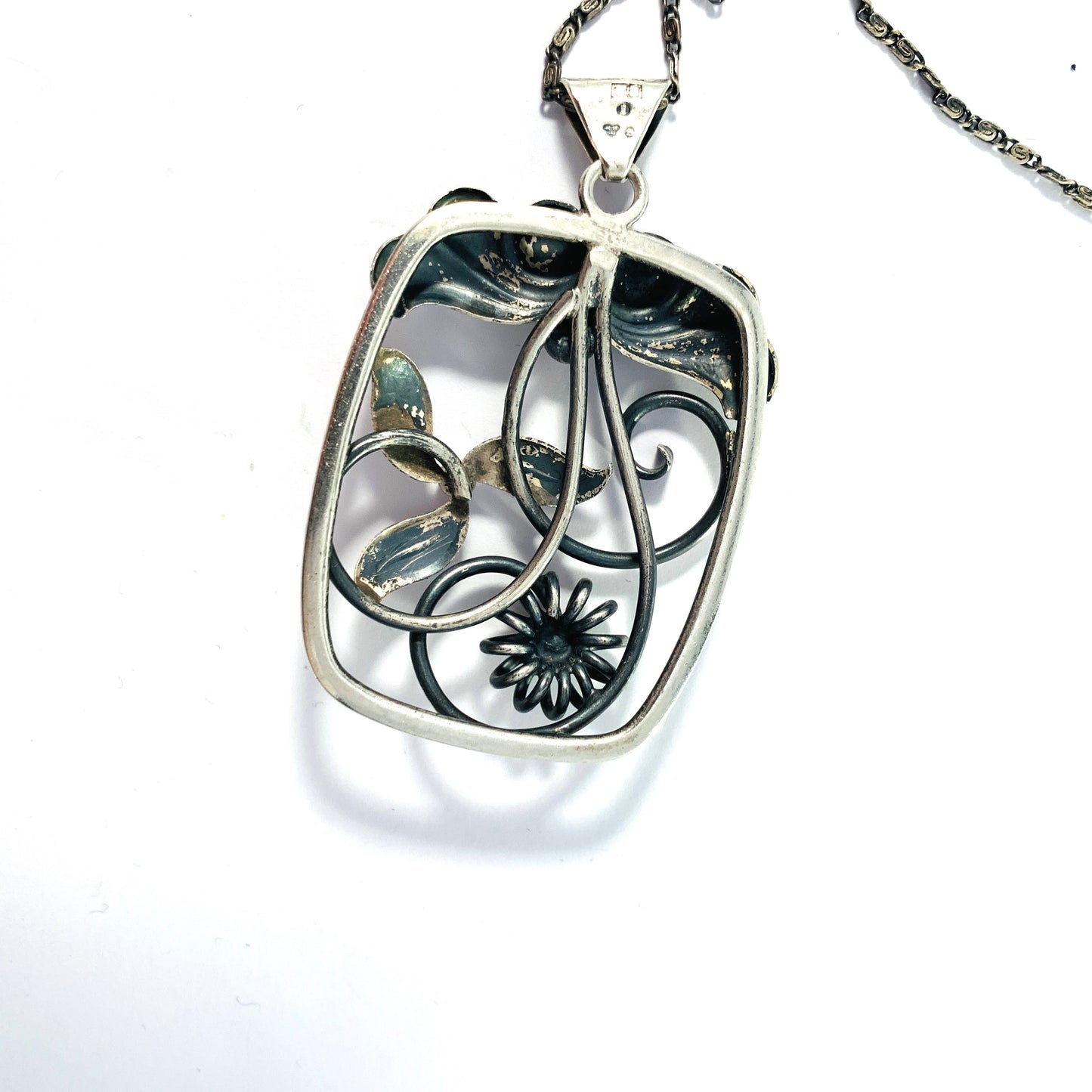 Stockholm, Sweden 1946. Mid Century Solid Silver Floral Pendant Necklace