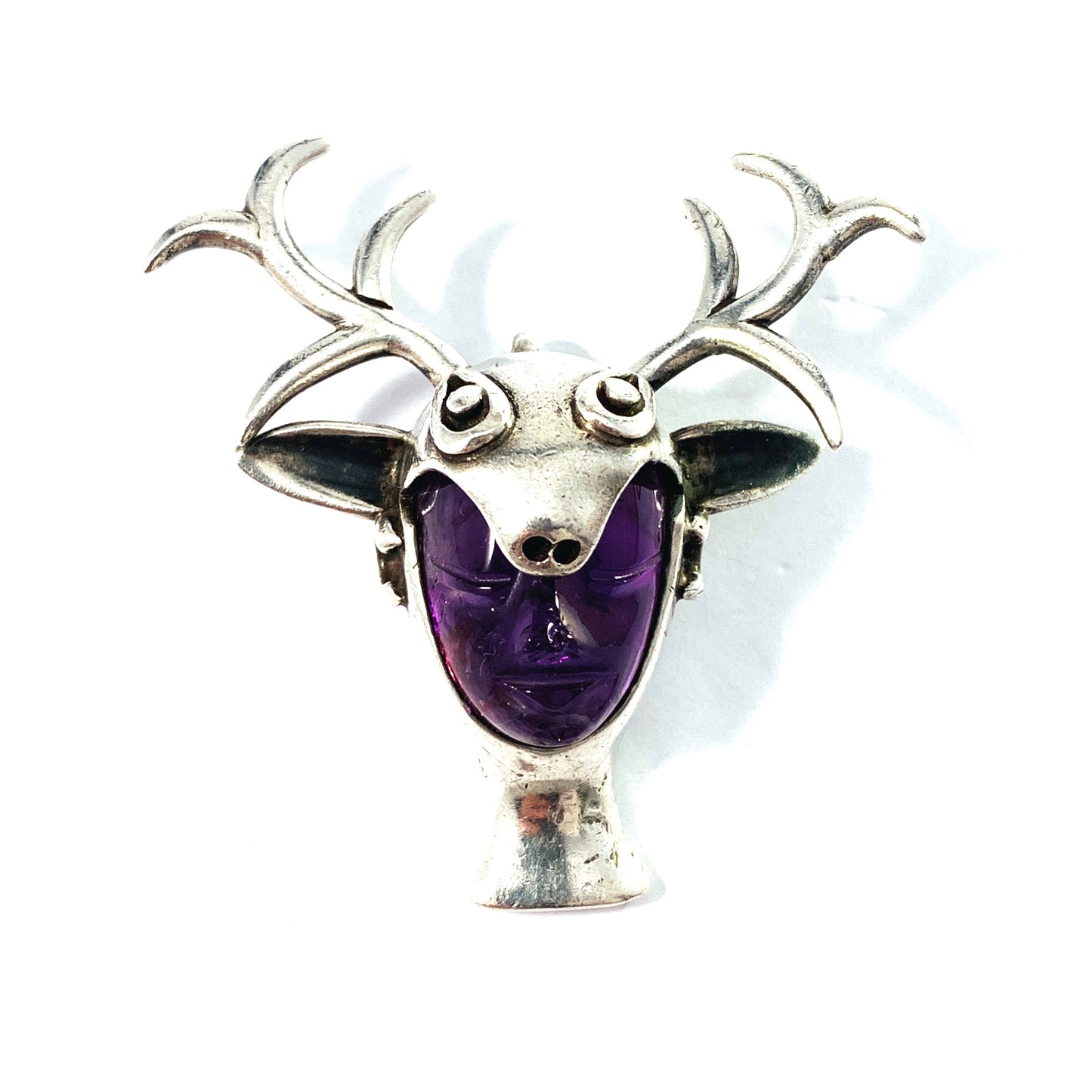 Los Ballesteros Taxco, Mexico Sterling Silver Carved Amethyst Face Mask Pendant. 1950s