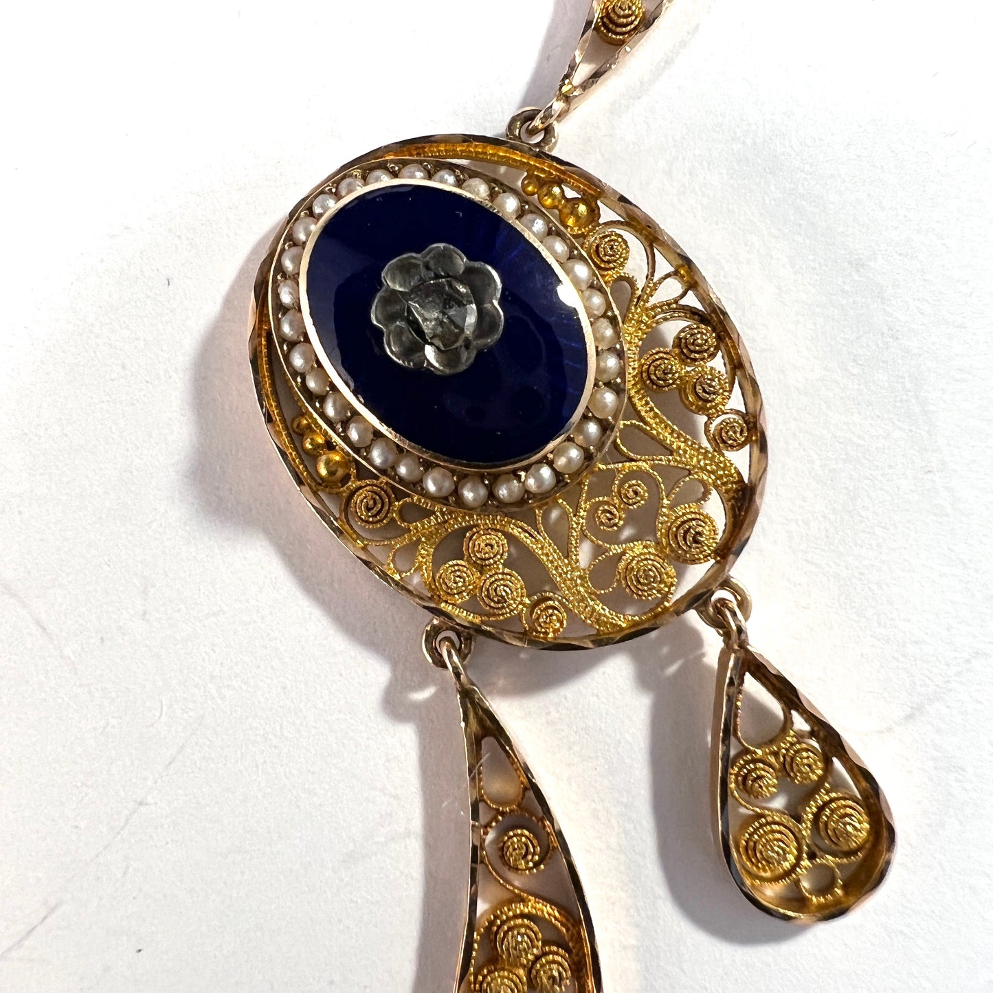 G Dahlgren, Sweden 1907. Antique Edwardian 18k Gold Diamond Enamel Pearl Necklace.