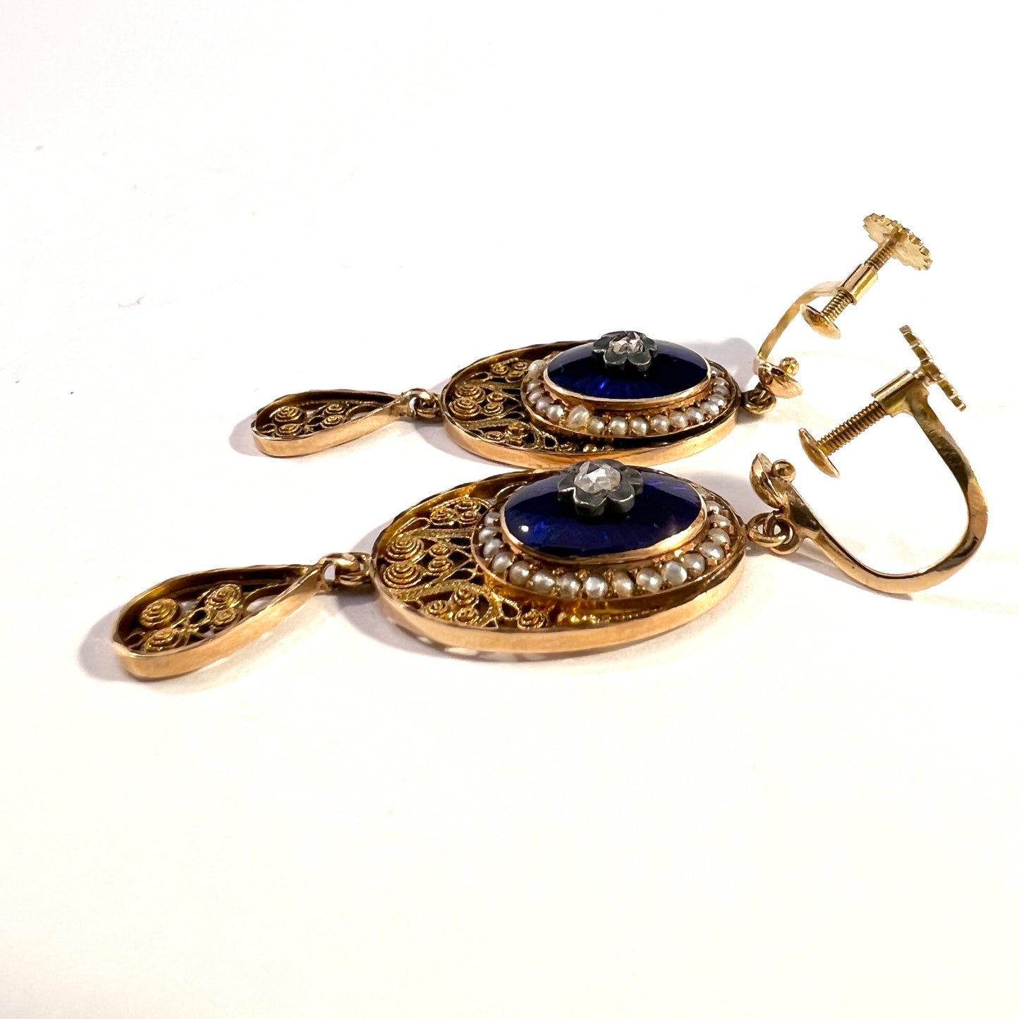 Antique Edwardian 18k Gold Diamond Enamel Pearl Earrings. Later Screw-Backs