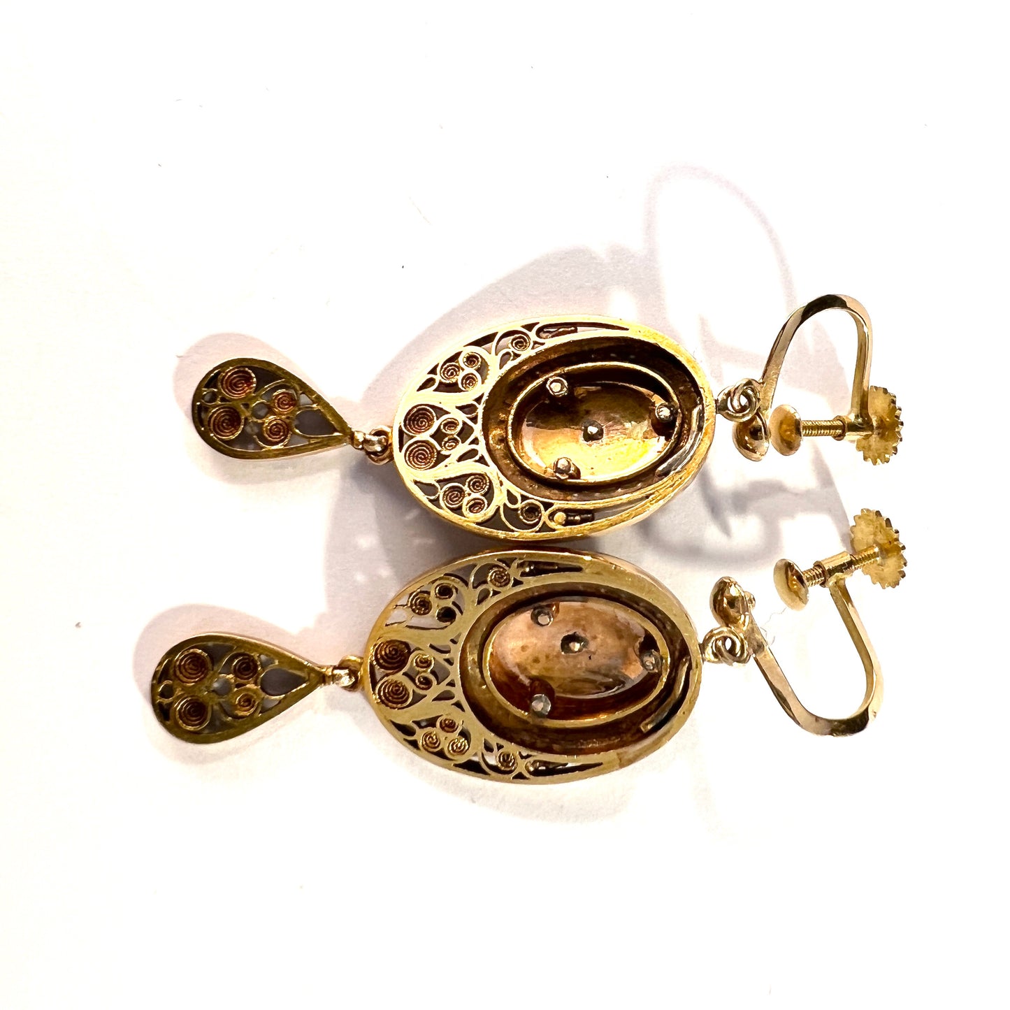 Antique Edwardian 18k Gold Diamond Enamel Pearl Earrings. Later Screw-Backs