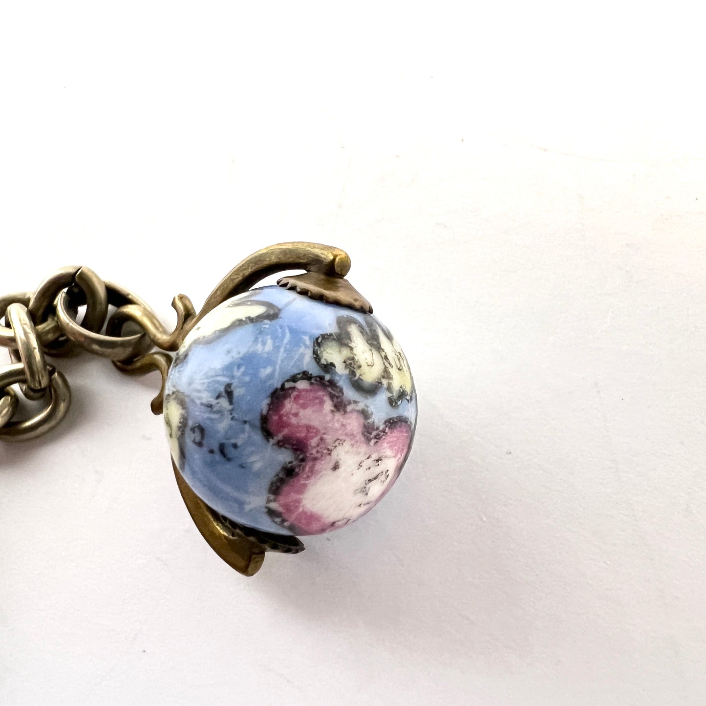 Antique Silver Plated Watch Chain With Enamel Globe Fob.