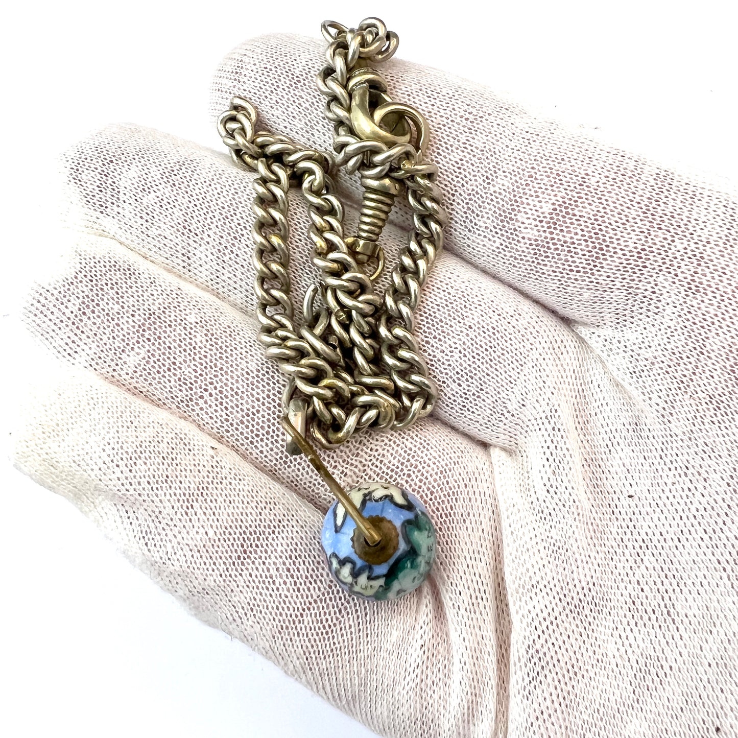 Antique Silver Plated Watch Chain With Enamel Globe Fob.