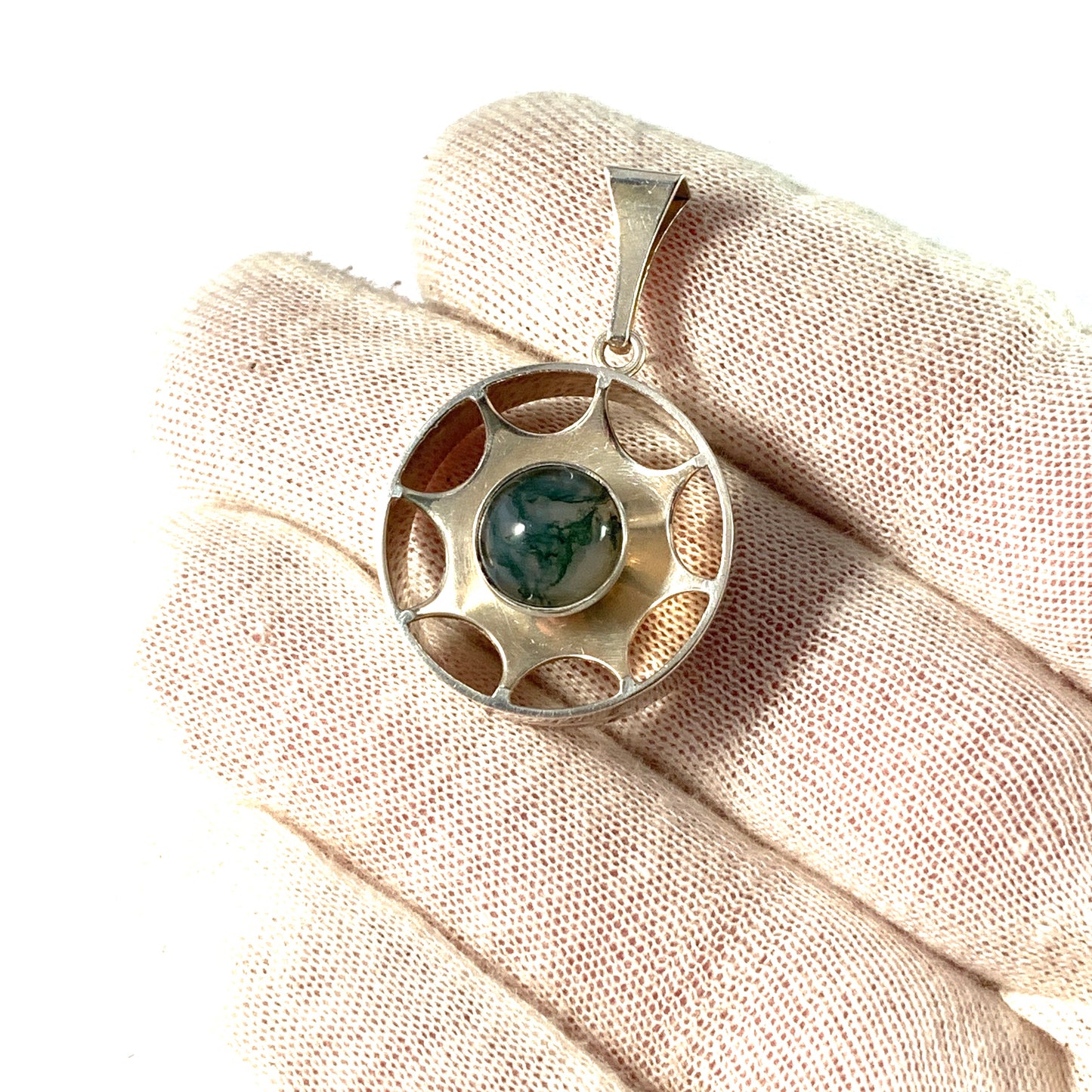 Salovaara, Finland 1970s. Sterling Silver Moss Agate Pendant.