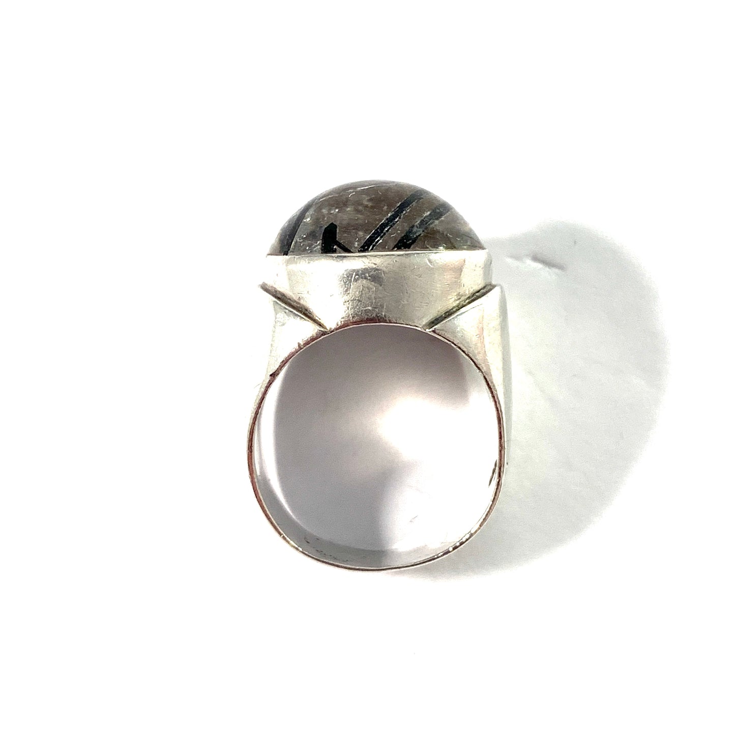 Swedish Import c 1960s. Solid Silver Tourmalinated Quartz Modernist Ring.