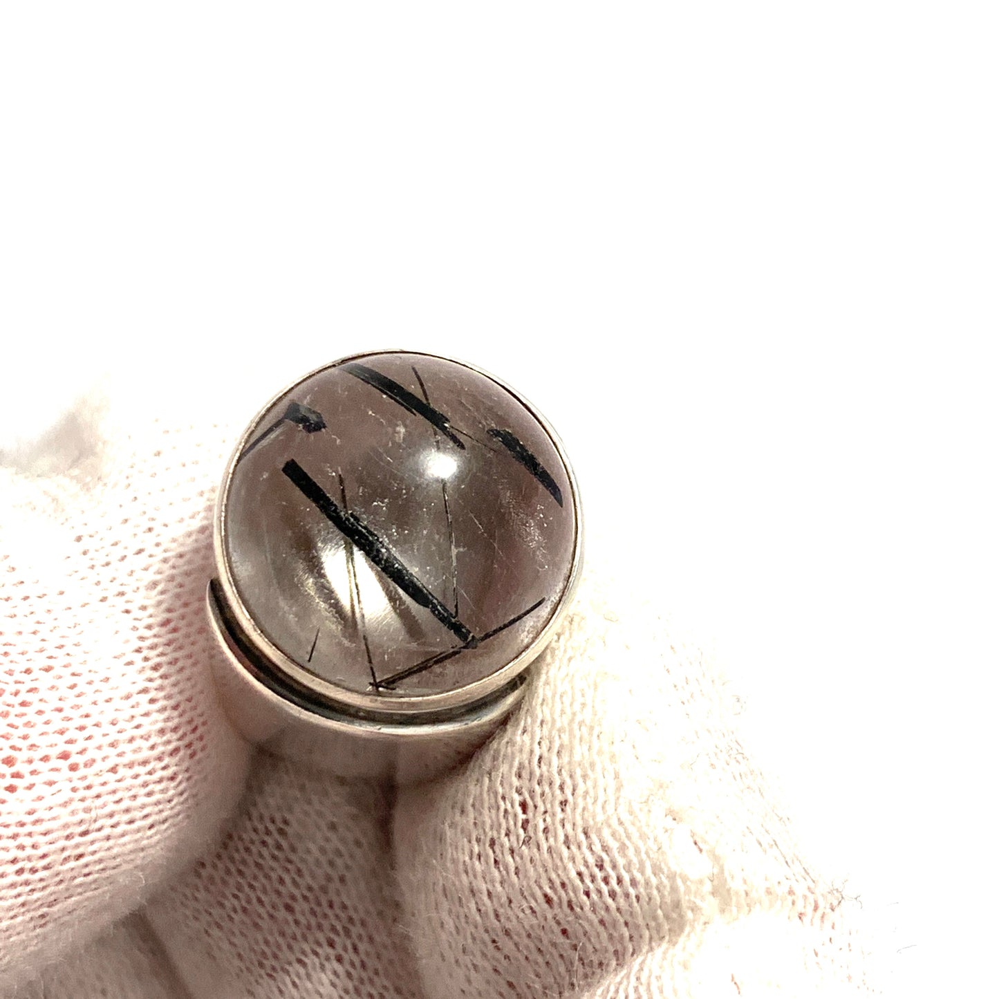 Swedish Import c 1960s. Solid Silver Tourmalinated Quartz Modernist Ring.