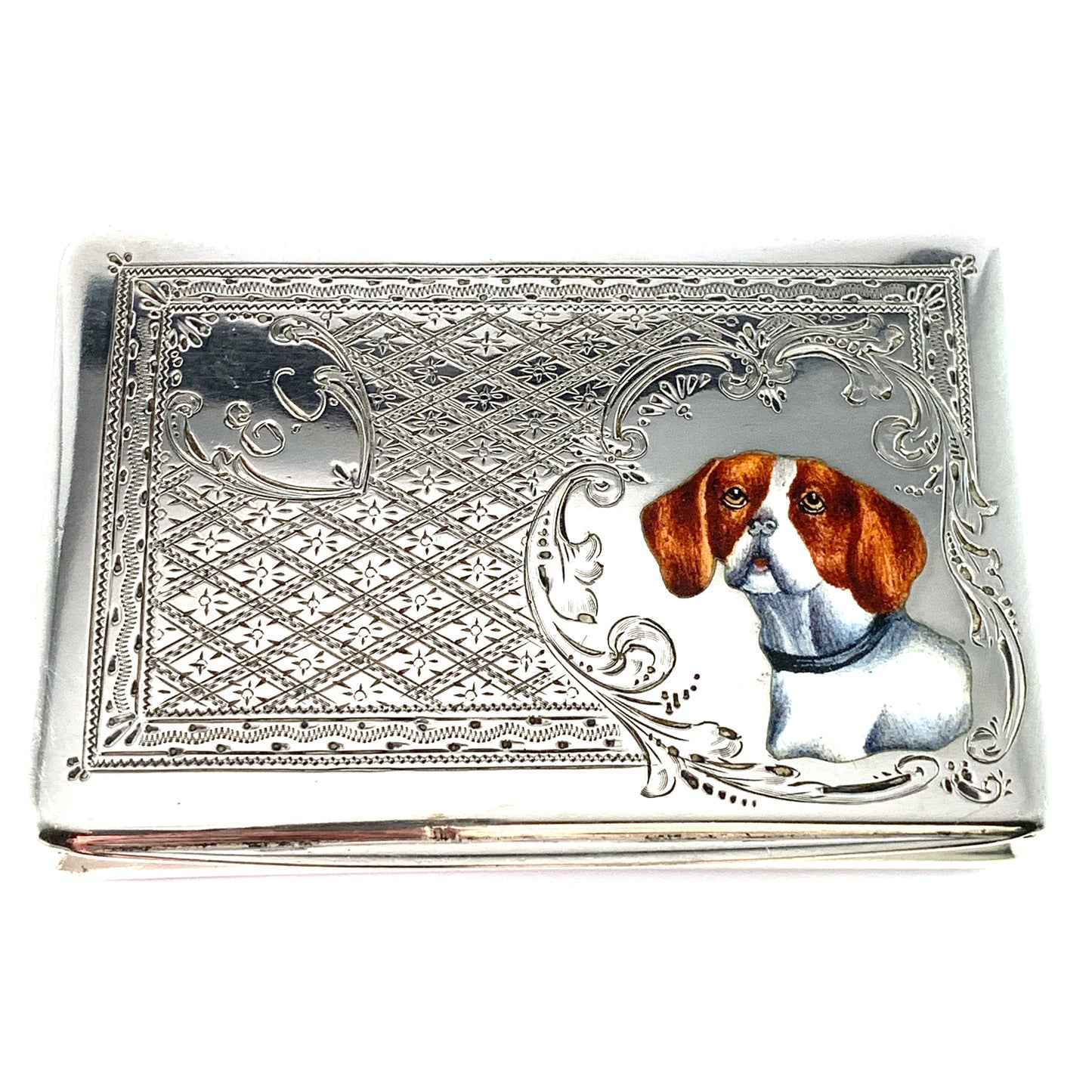 Italy c 1920s. Solid 800 Silver Dog Beagle? Enamel Cigarette Case.