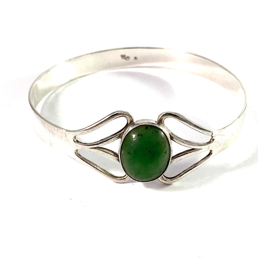 Krakow, Poland 1960-70s Solid Silver Nephrite Jade Bangle Bracelet. Maker's Mark