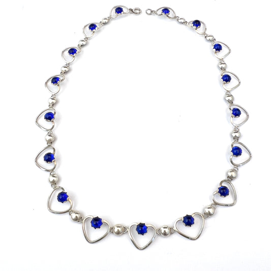 Sweden 1950s. Solid Silver Intense Blue Synthetic Stones Heart Necklace.