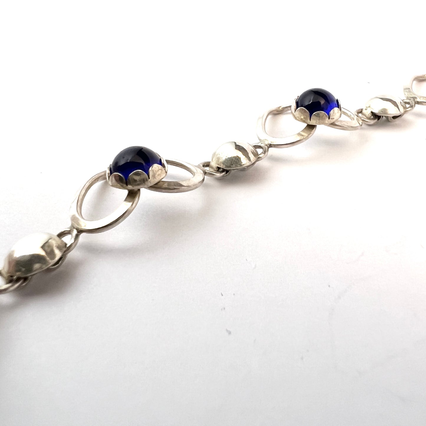 Sweden 1950s. Solid Silver Intense Blue Synthetic Stones Heart Necklace.