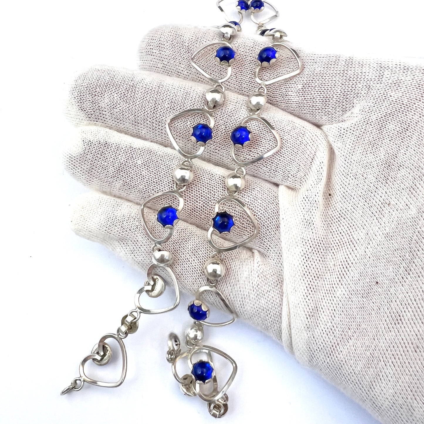 Sweden 1950s. Solid Silver Intense Blue Synthetic Stones Heart Necklace.