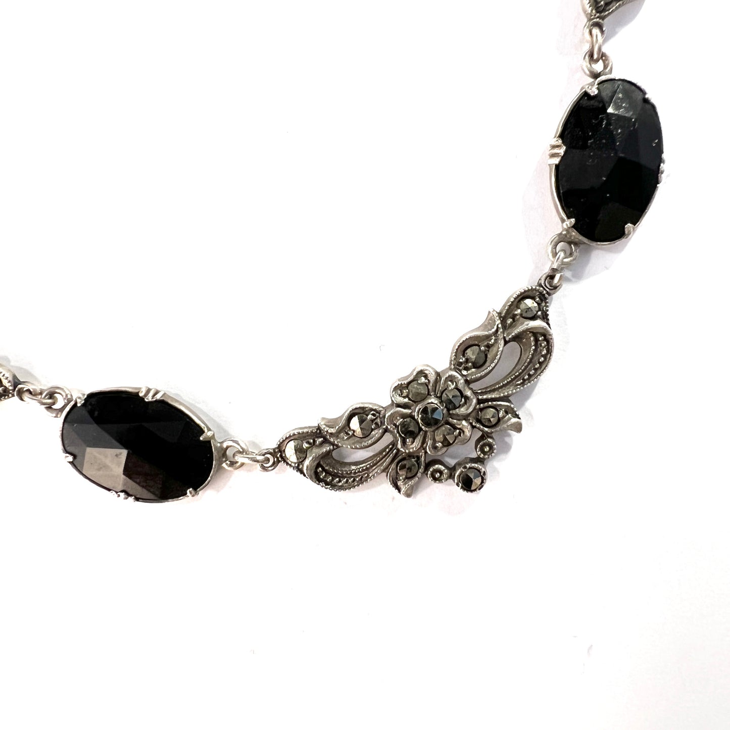Sweden c 1940s. Vintage Solid Silver Onyx Marcasite Necklace.