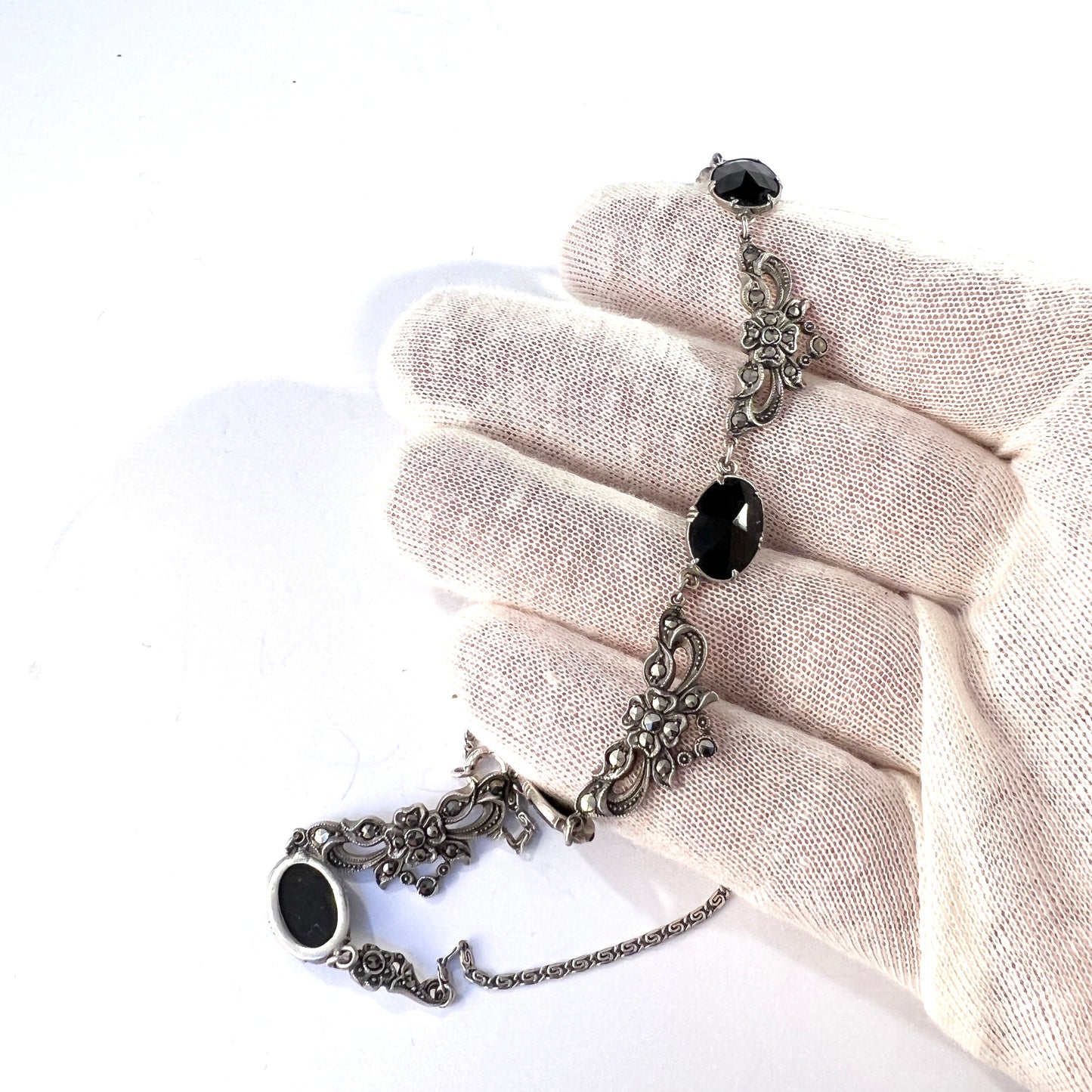 Sweden c 1940s. Vintage Solid Silver Onyx Marcasite Necklace.