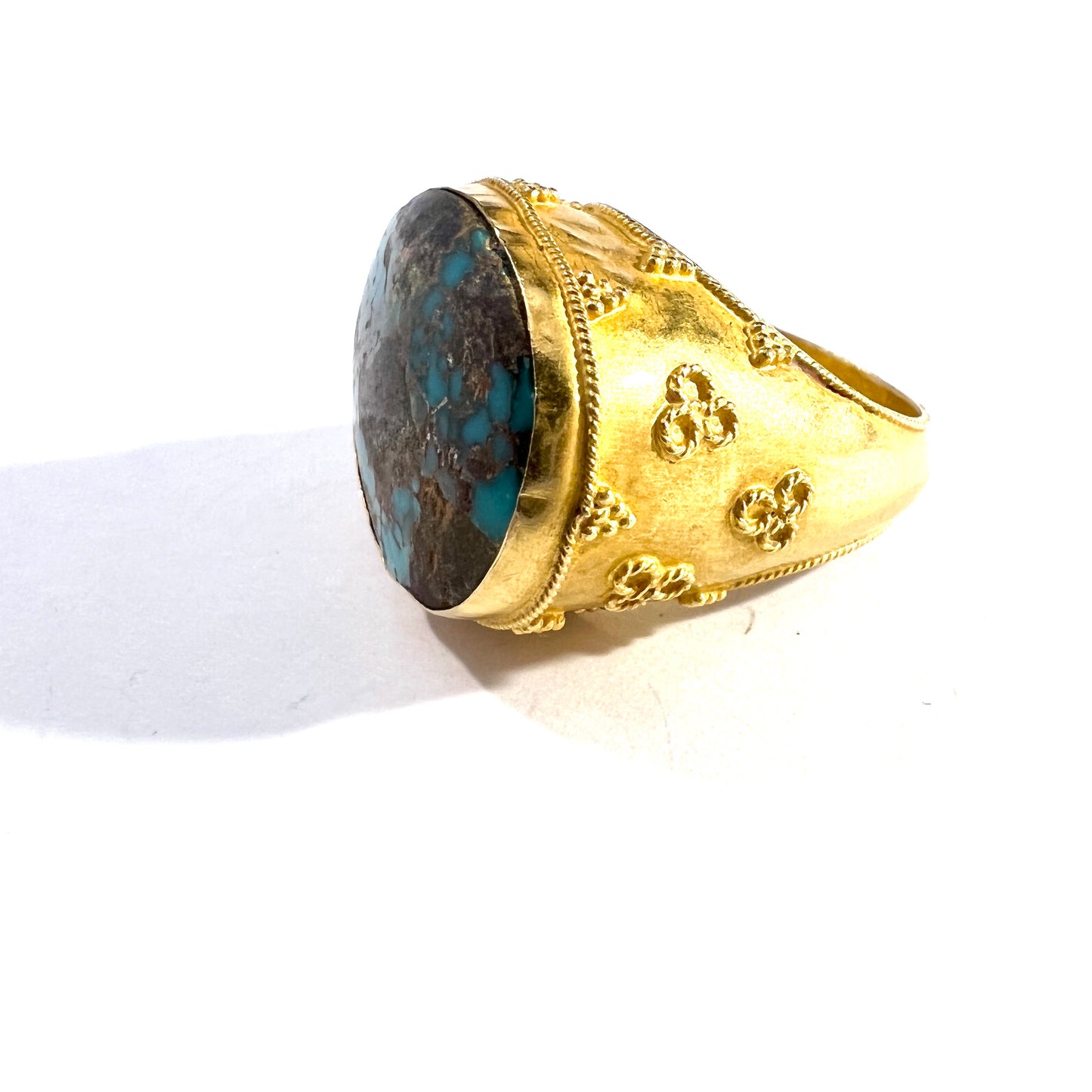 Vintage Byzantine Revival 18k Gold Chrysocolla Chunky Unisex Signet Ring.