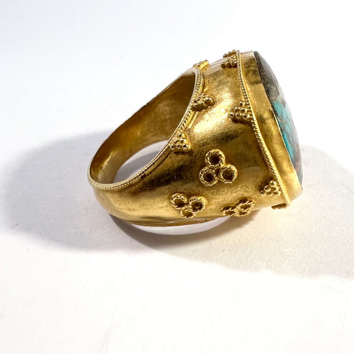 Vintage Byzantine Revival 18k Gold Chrysocolla Chunky Unisex Signet Ring.