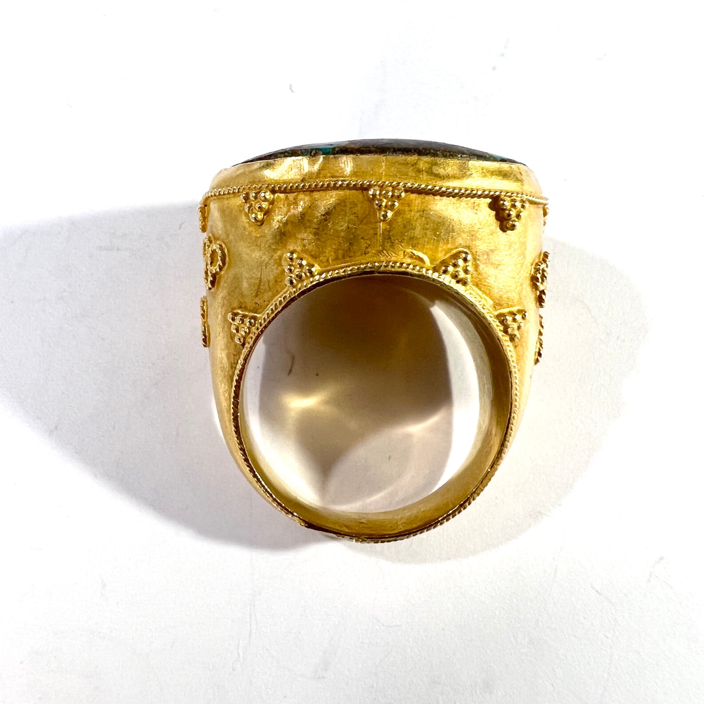 Vintage Byzantine Revival 18k Gold Chrysocolla Chunky Unisex Signet Ring.