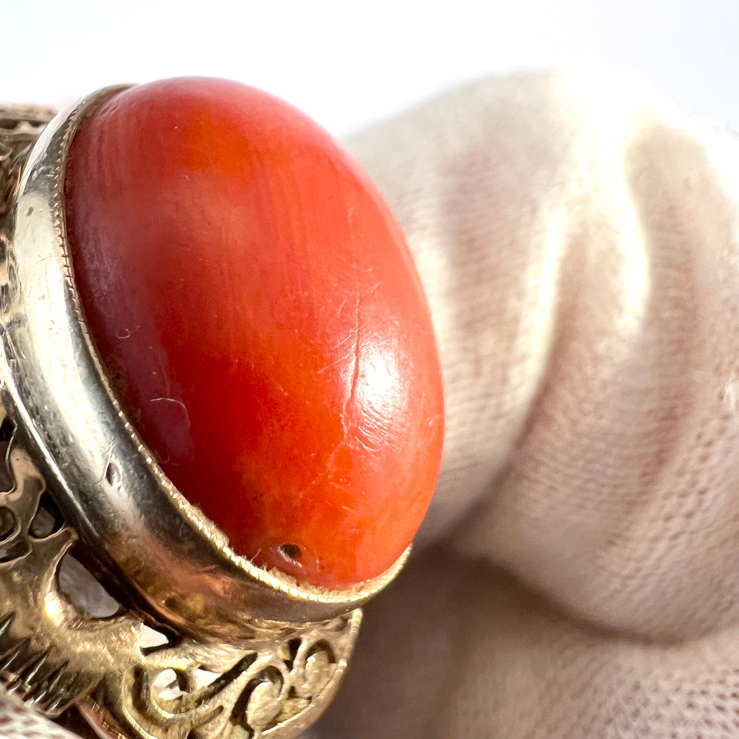 Warsaw Poland c 1960s Bold 14k Gold Coral Ring.