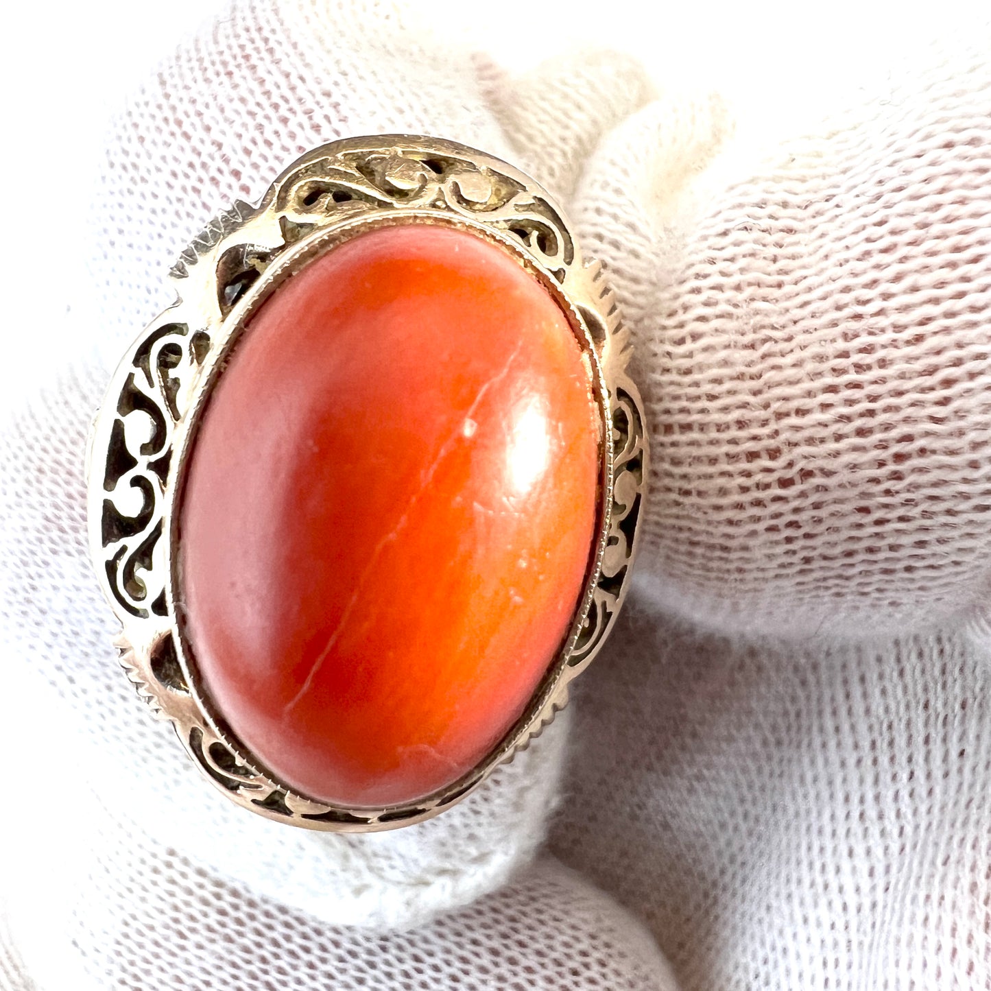 Warsaw Poland c 1960s Bold 14k Gold Coral Ring.