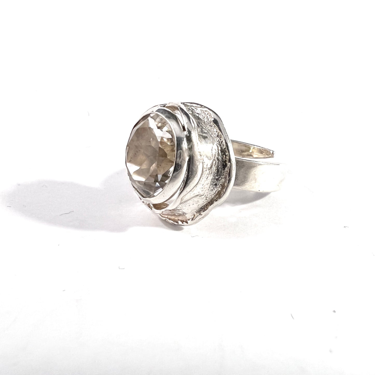 Raimo Keskinen, Finland 1970s. Solid Silver Rock Crystal Ring. Adjustable Size.