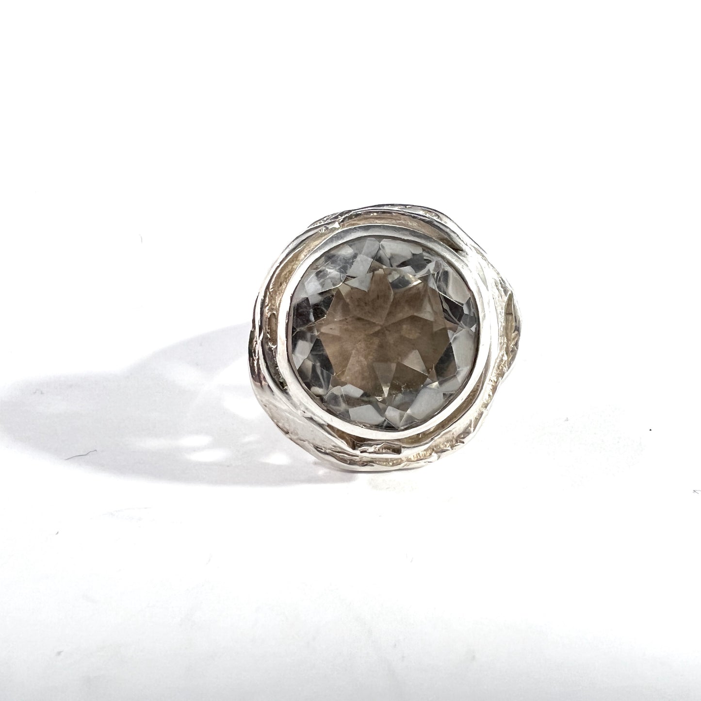 Raimo Keskinen, Finland 1970s. Solid Silver Rock Crystal Ring. Adjustable Size.