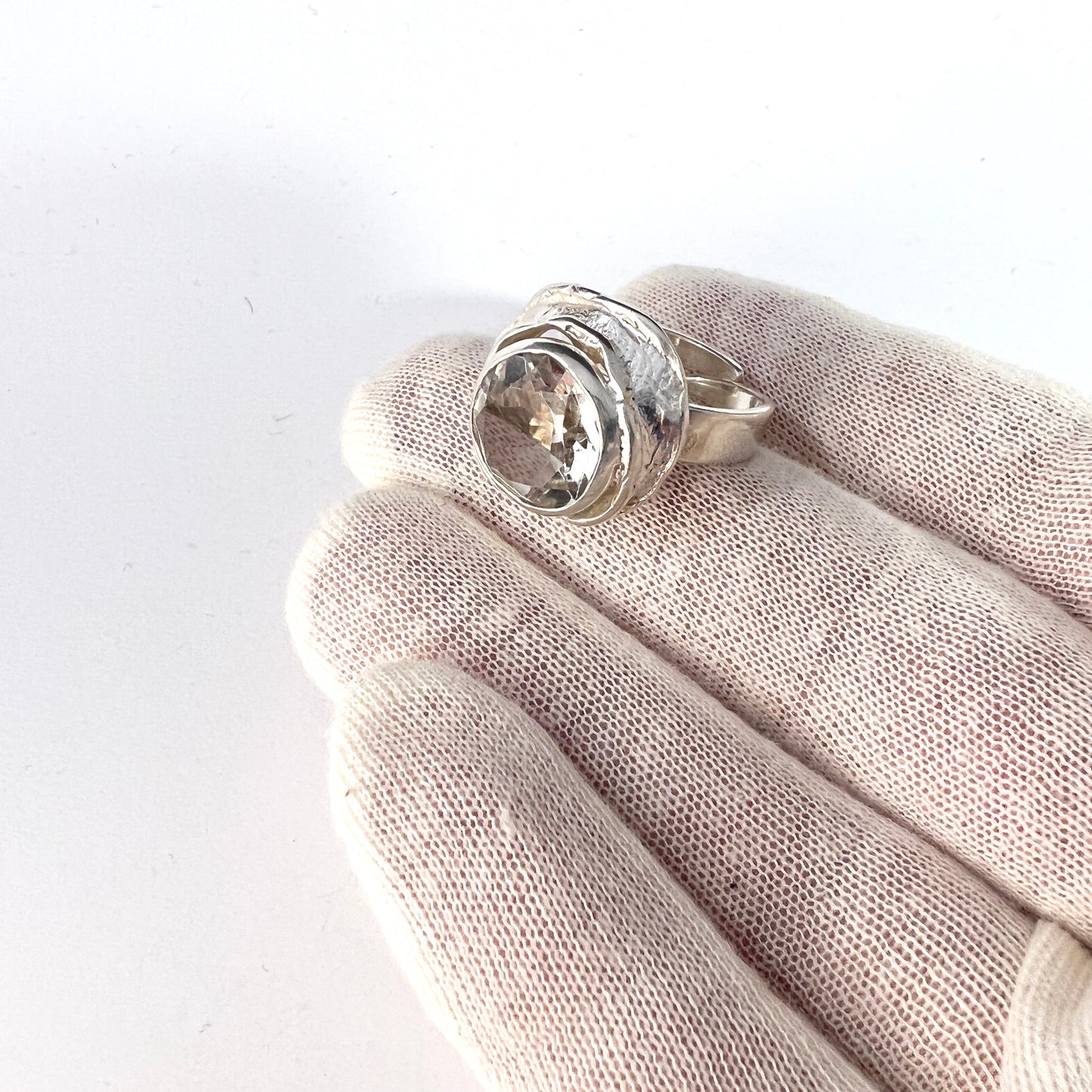 Raimo Keskinen, Finland 1970s. Solid Silver Rock Crystal Ring. Adjustable Size.